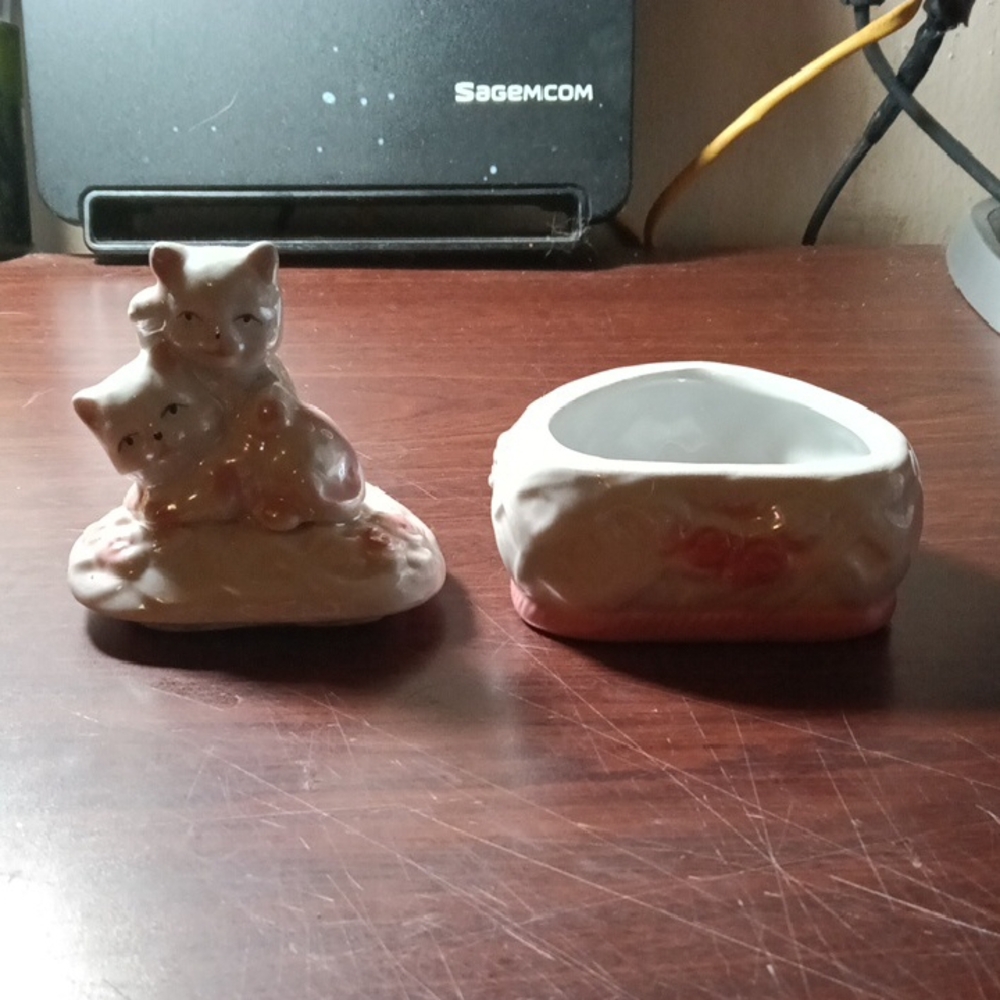 Ceramic Cat Figurine and Dish Set